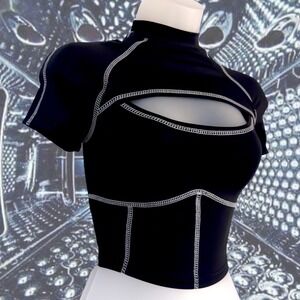 New Large Black Mock Neck Cutout Crop Top White Stitching Short Sleeve Y2k